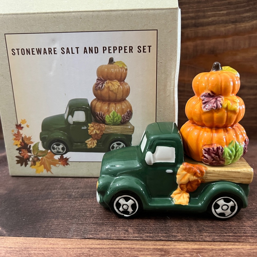 Cracker Barrel Green Truck and Stacked Pumpkins Stoneware Salt and Pepper Set
